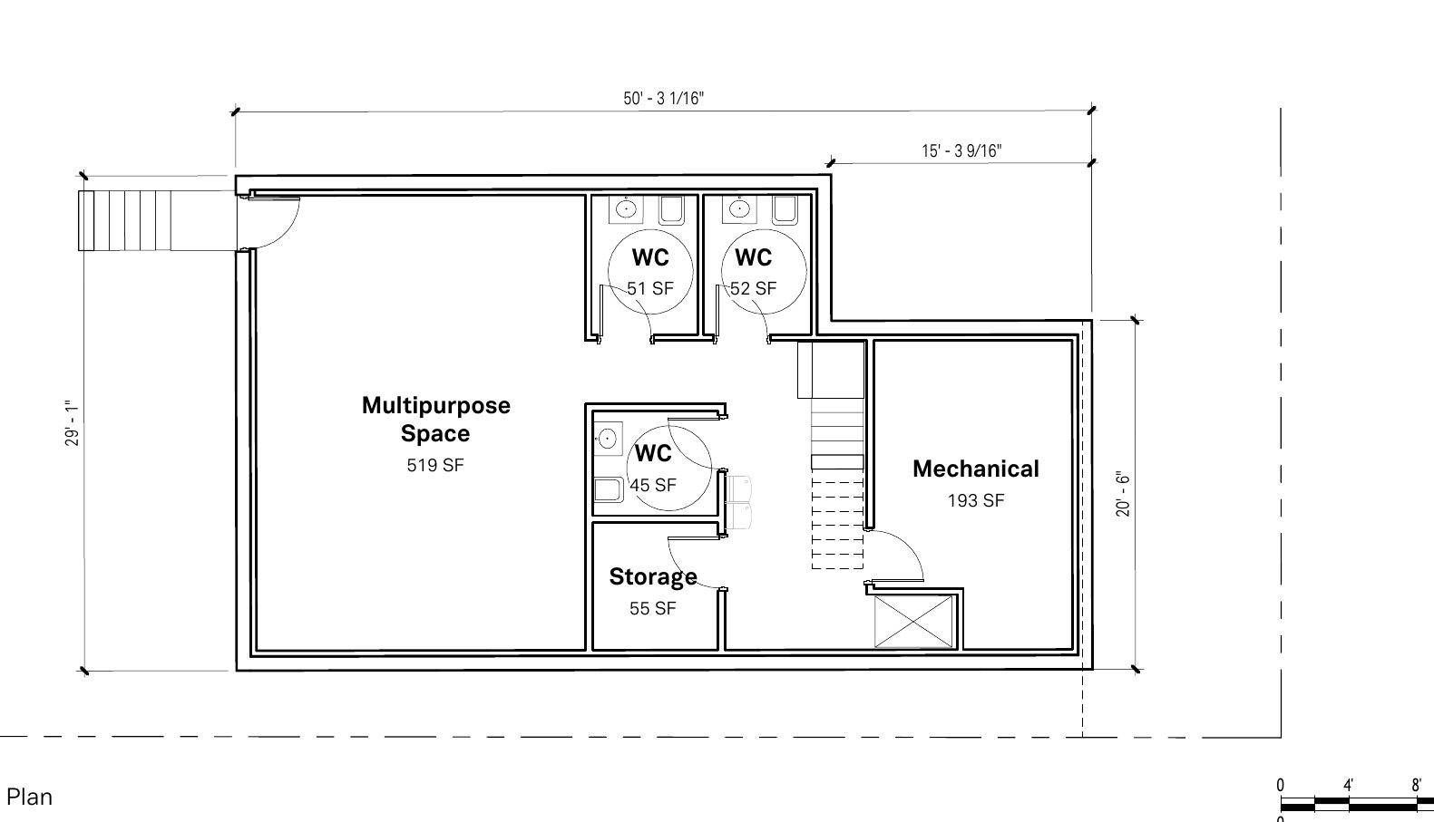 Lower level plan showing a 519 square foot multipurpose space