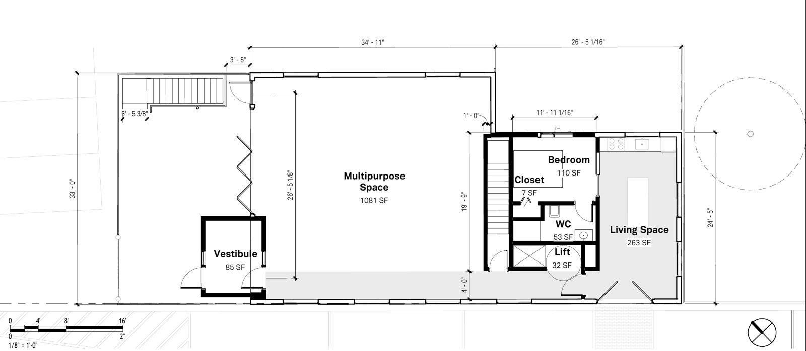 Main floor plan showing a 1,081 square foot multipurpose space and the apartment